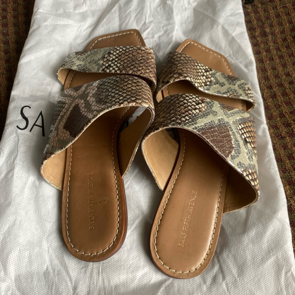 Saks Fifth Avenue Brown and Cream Sandals with Metallic Details